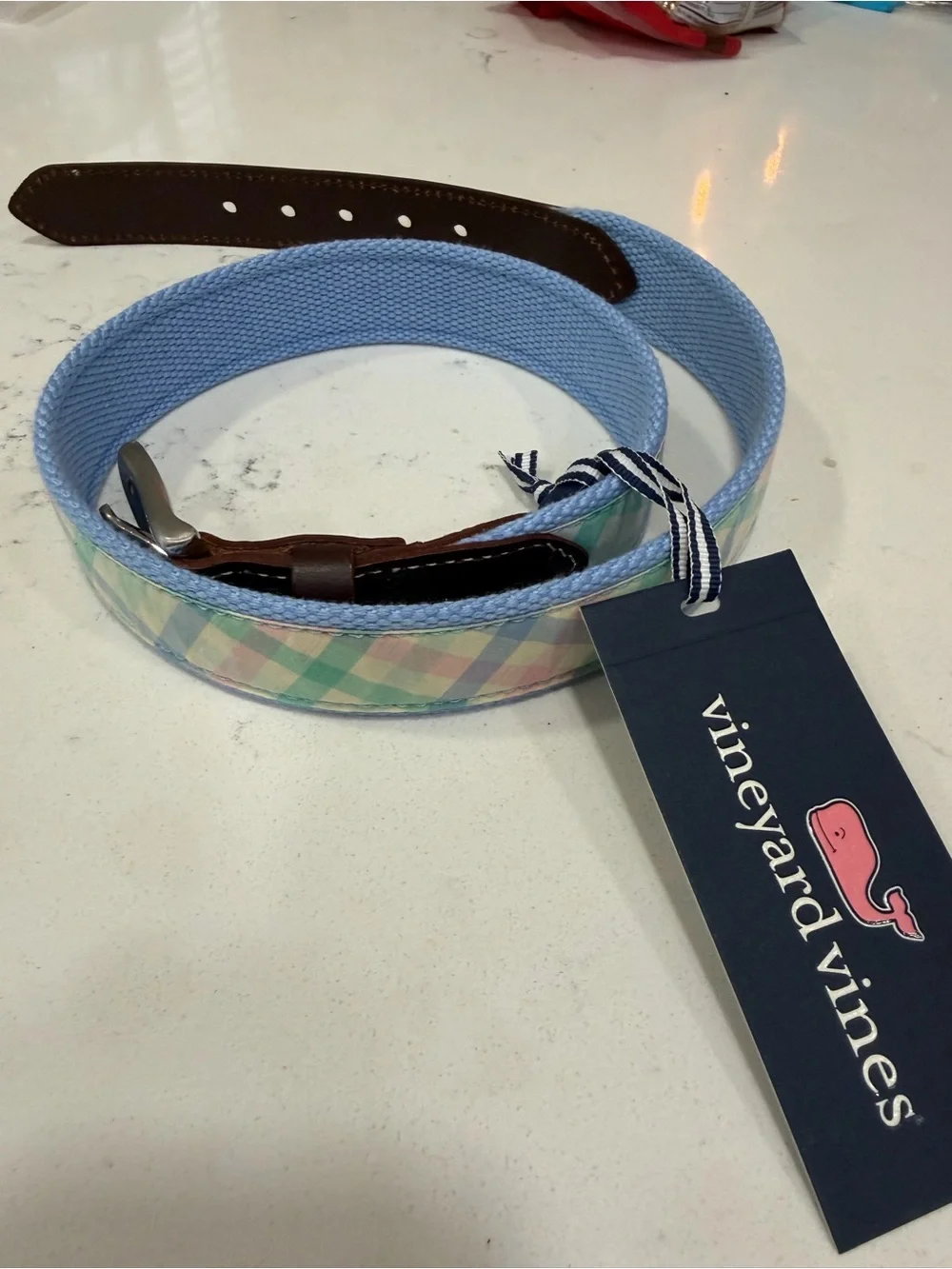 Vineyard Vines Boys Belt, Sz 28, Pastel Plaid Canvas